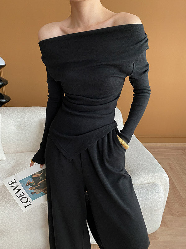 Asymmetric Solid Color Long Sleeves Off-The-Shoulder Shirts Top + High Waisted Pants Bottom Two Pieces Set