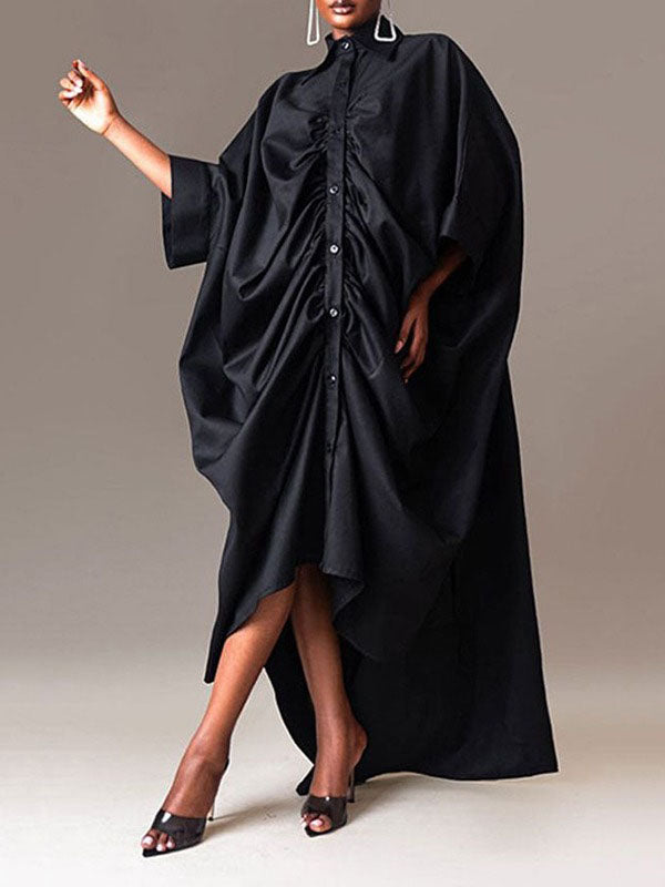 Buttoned Pleated Solid Color Long Sleeves Loose Lapel Shirt Dress Maxi Dresses