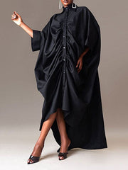Buttoned Pleated Solid Color Long Sleeves Loose Lapel Shirt Dress Maxi Dresses