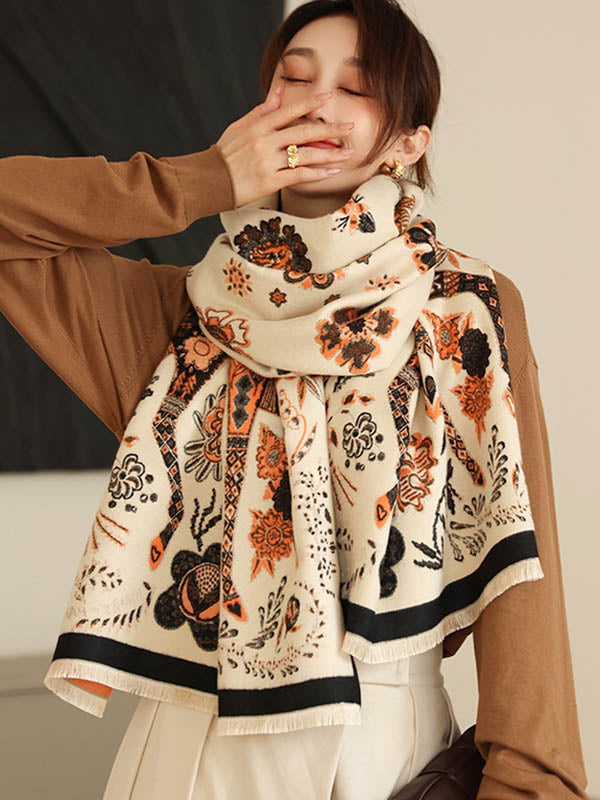 Vintage Knitting Tasseled Jacquard Imitated Cashmere Scarf Shawl