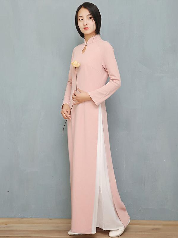 Pink Split-side Long Ao Dai Cheongsam Dress