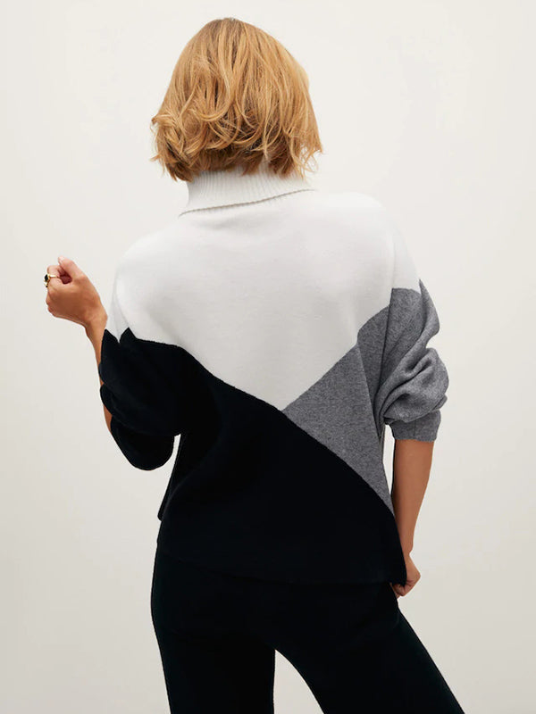 Original Loose Split-Joint Contrast Color High-Neck Long Sleeves Sweater Top