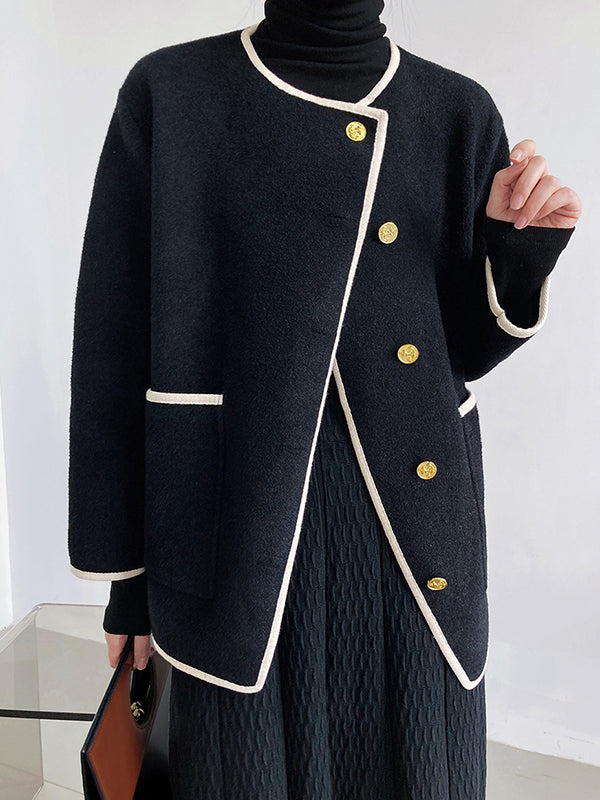 Asymmetric Buttoned Pockets Split-Joint Long Sleeves Loose Round-Neck Woolen Coat