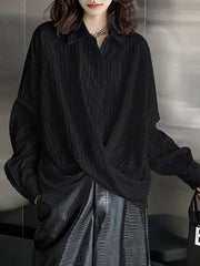 Buttoned Solid Color Long Sleeves Loose Lapel Blouses&Shirts Tops
