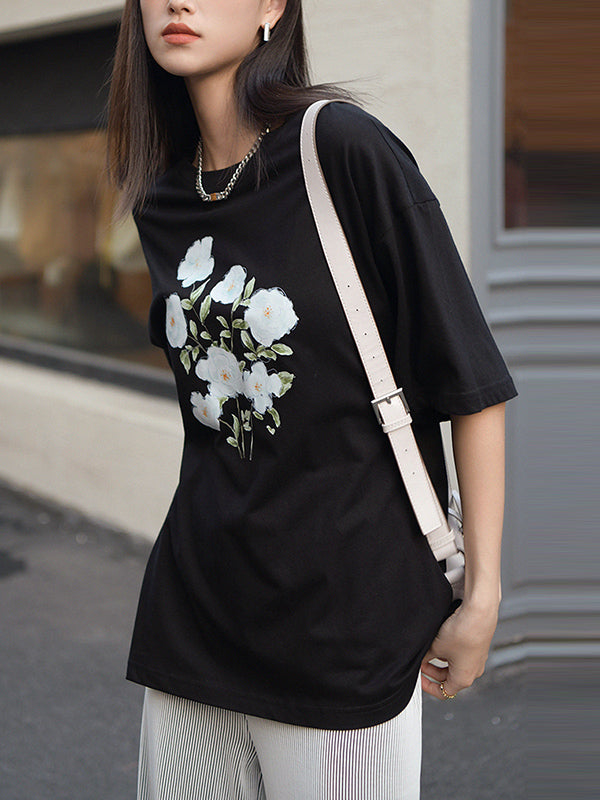 Casual Loose Round-Neck Floral Printed T-Shirt