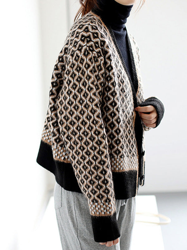 Vintage Loose Rhombic V-Neck Cardigan