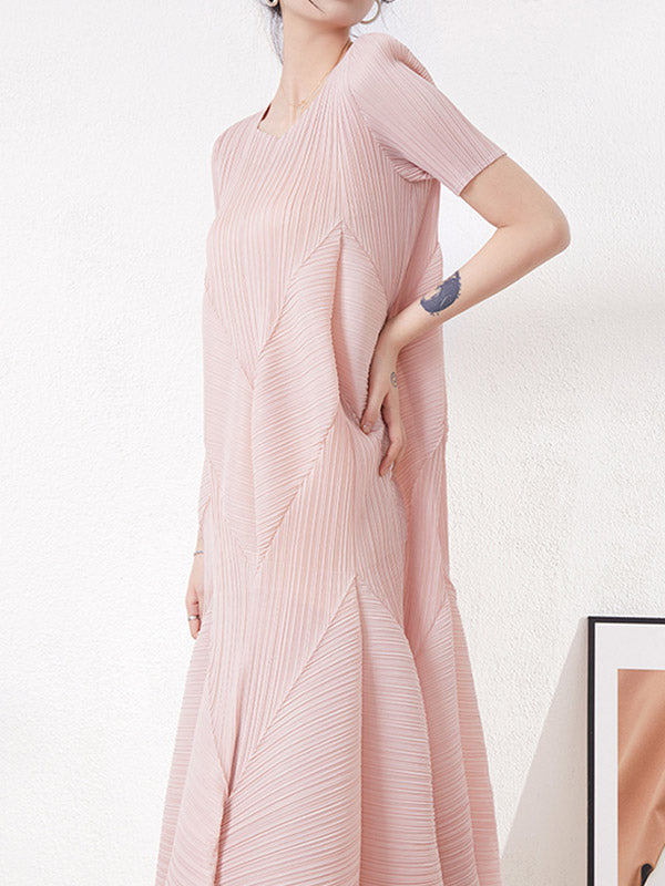 Pleated Solid Color High Waisted Loose Round-Neck Midi Dresses