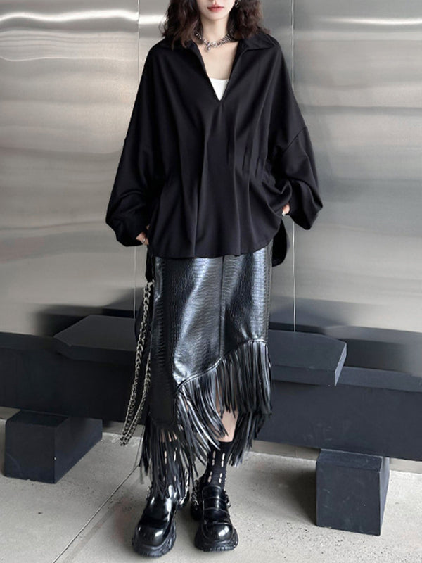 Pleated Solid Color Batwing Sleeves Long Sleeves Deep V-Neck Blouses&Shirts Tops