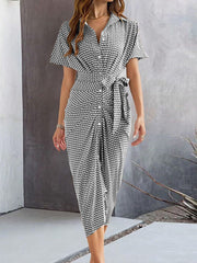 Buttoned Pleated Tied Waist Half Sleeves High Waisted V-Neck Midi Dresses