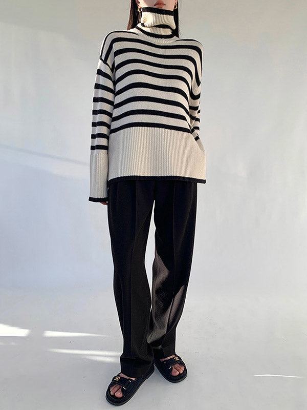 Contrast Color Pleated Split-Joint Split-Side Striped Patterns Long Sleeves Loose High Neck Sweater Tops
