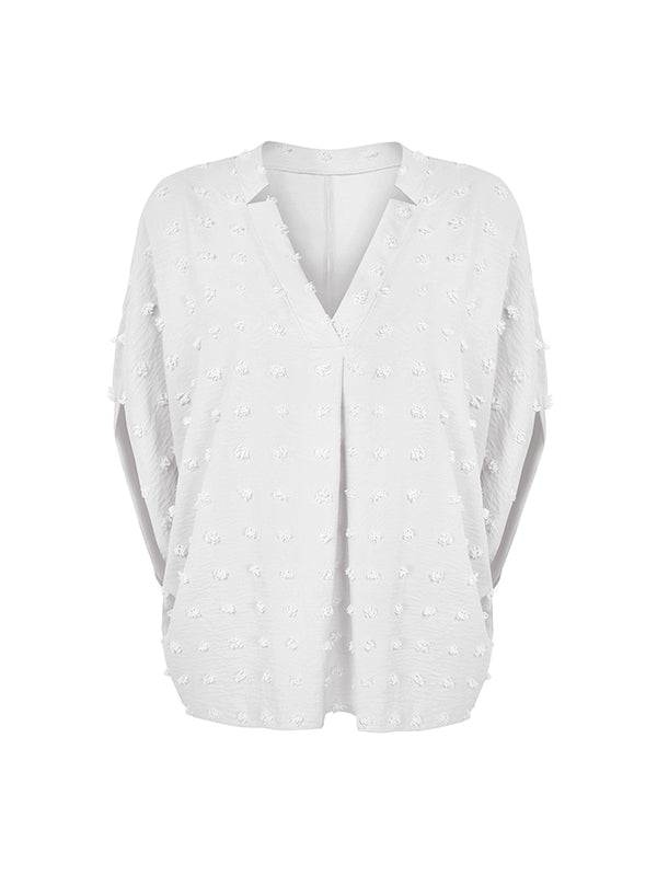 Jacquard Solid Color Batwing Sleeves Half Sleeves V-Neck T-Shirts Tops