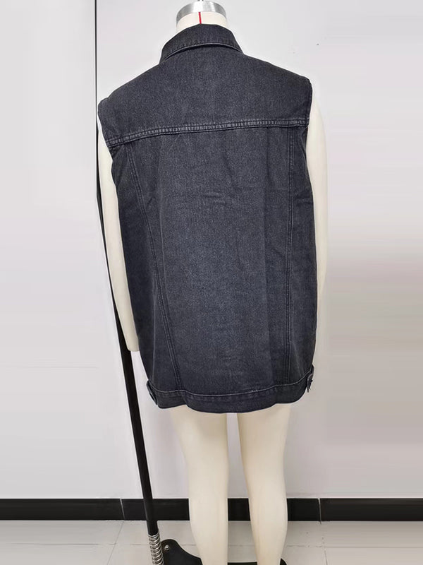 Buttoned Drawstring Pockets Split-Joint Loose Sleeveless Polo Vest Outerwear