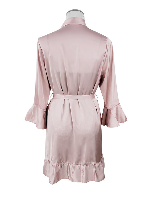 Falbala Ribbed Solid Color Loose V-neck Robes Intimates&Pajamas