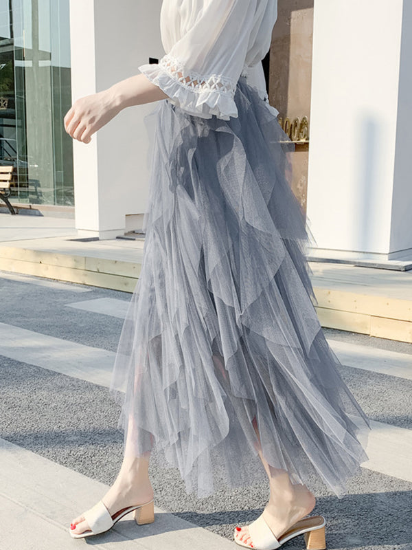 Original Stylish Irregular Mesh Solid Color Skirt