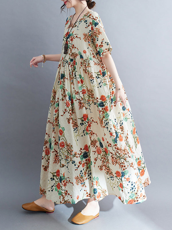 Floral Printed Loose Short Sleeves Round-neck Midi Dresses