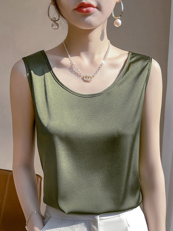 Solid Color Loose Sleeveless Round-Neck Vest Top