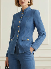 Buttoned Pockets Solid Color Long Sleeves Stand Collar Outerwear