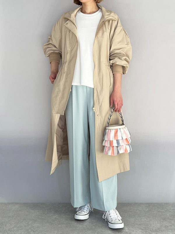 Loose Long Sleeves Drawstring Solid Color Zipper Hooded Trench Coats Outerwear