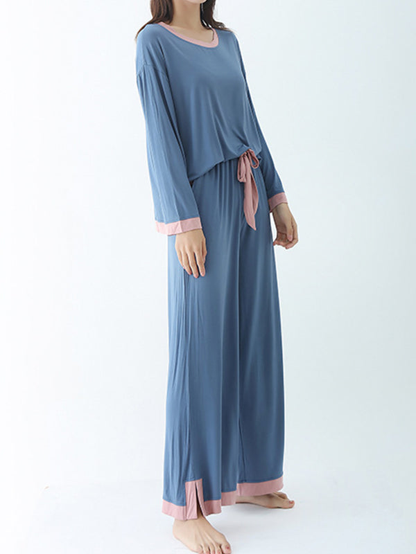 Contrast Color Long Sleeves Loose Round-neck Two Pieces Pajama Set