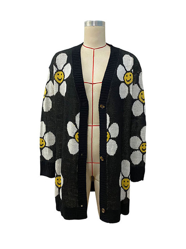 Contrast Color Knitted Flower Loose Wrap Cardigan Tops
