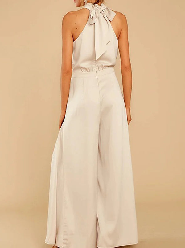 Pockets Solid Color Tied Zipper Loose Sleeveless Halter-Neck Jumpsuits