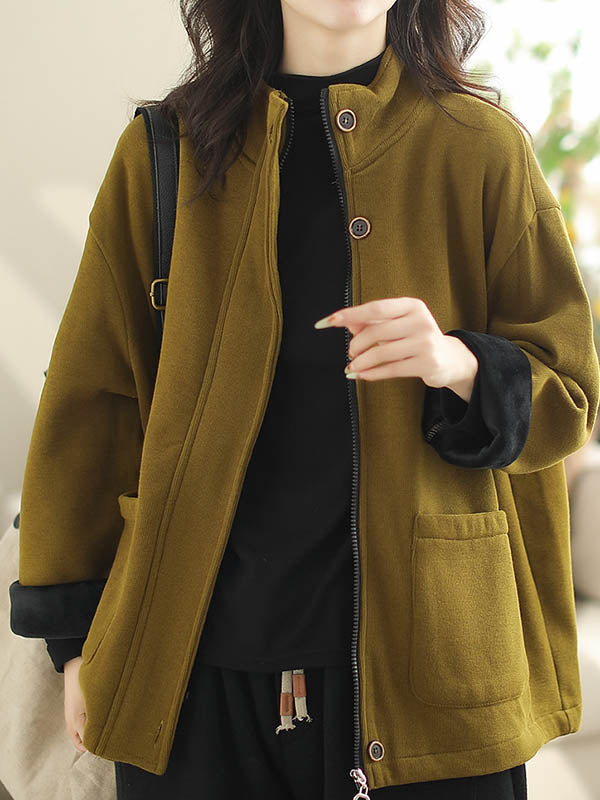 Buttoned Keep Warm Pockets Split-Joint Velvet Zipper Long Sleeves Loose Stand Collar Outerwear