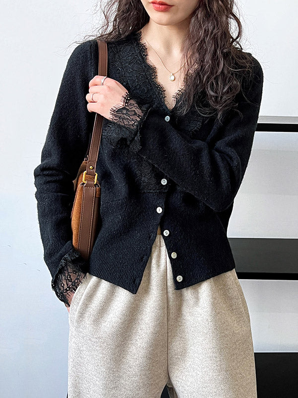 Buttoned Split-Joint Long Sleeves V-Neck Cardigan Tops