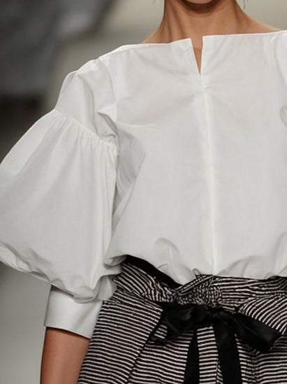 Loose Puff Sleeves Solid Color Boat Neck Blouses&Shirts Tops