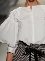 Loose Puff Sleeves Solid Color Boat Neck Blouses&Shirts Tops