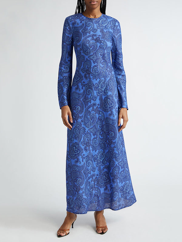 Backless Printed Split-Joint Tied Long Sleeves Loose Round-Neck Maxi Dresses