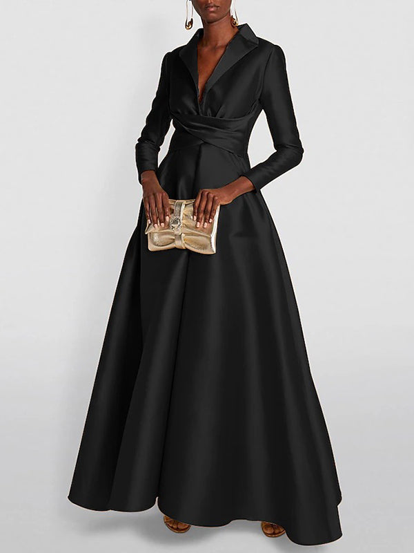 A-Line High Waisted Pleated Solid Color V-Neck Maxi Dresses