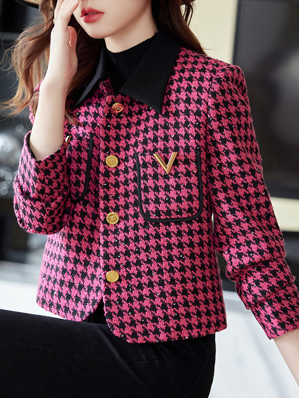 Buttoned Houndstooth Pockets Split-Joint Long Sleeves Plus Size Lapel Outerwear