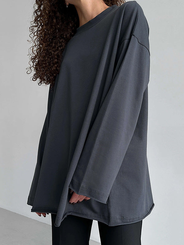 Solid Color Long Sleeves Loose Round-Neck T-Shirts Tops