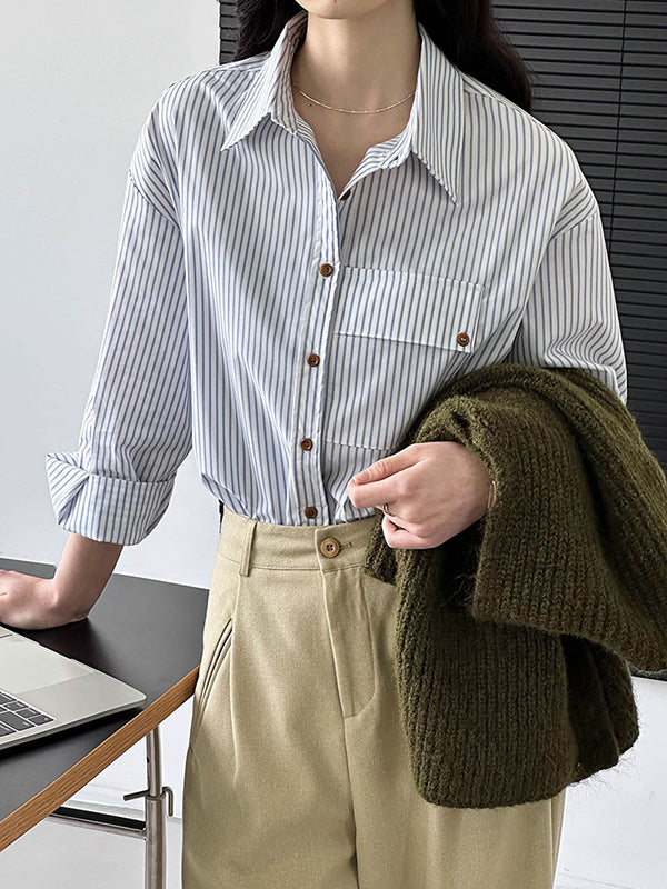 Buttoned Pockets Striped Long Sleeves Loose Lapel Blouses&Shirts Tops