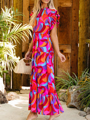 Pleated Printed Split-Joint A-Line High Waisted Round-Neck Maxi Dresses
