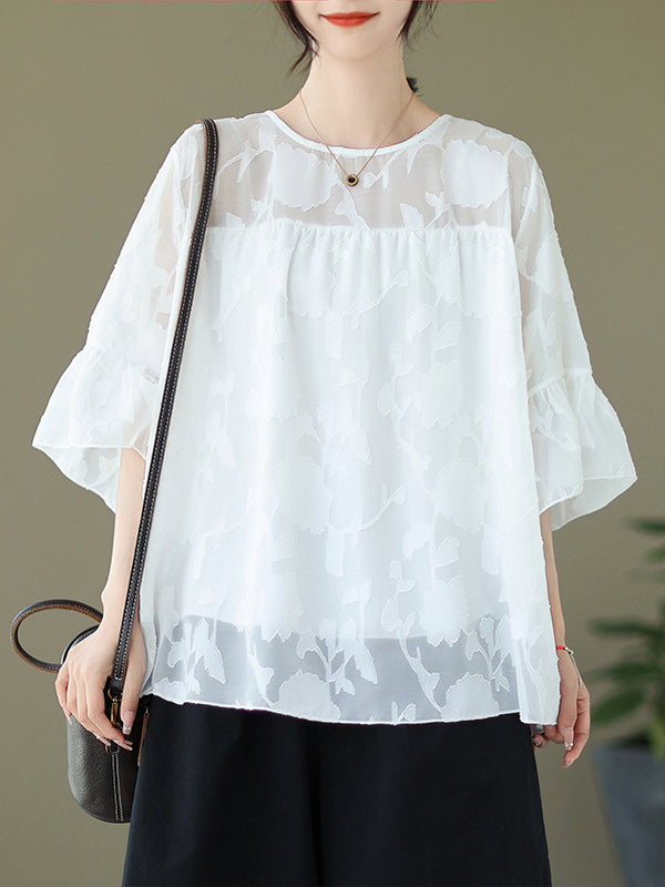 Falbala Pleated See-Through Split-Joint Loose Short Sleeves Round-Neck T-Shirts