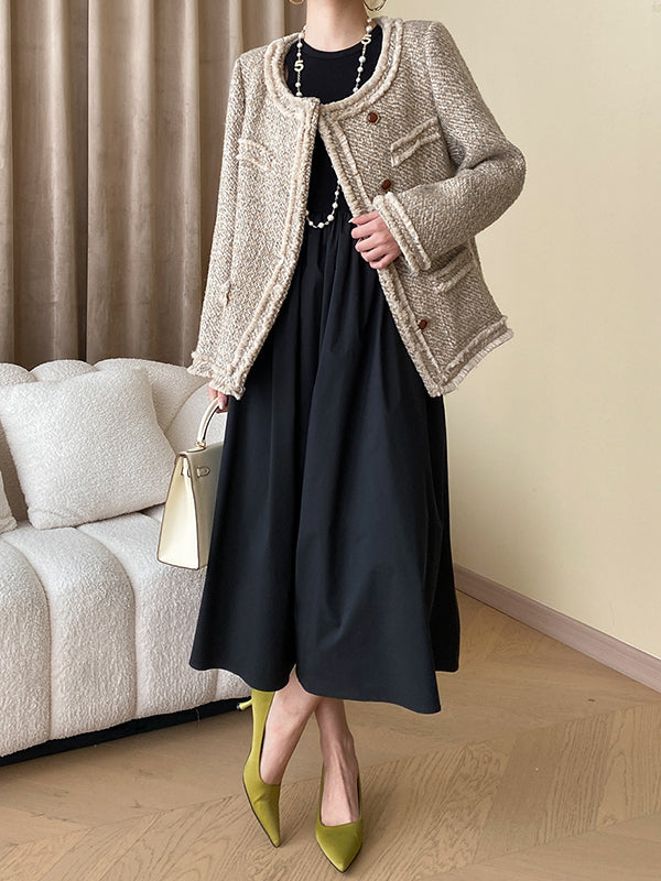 Elasticity Hollow Solid Color Split-Joint A-Line Long Sleeves Round-Neck Midi Dresses