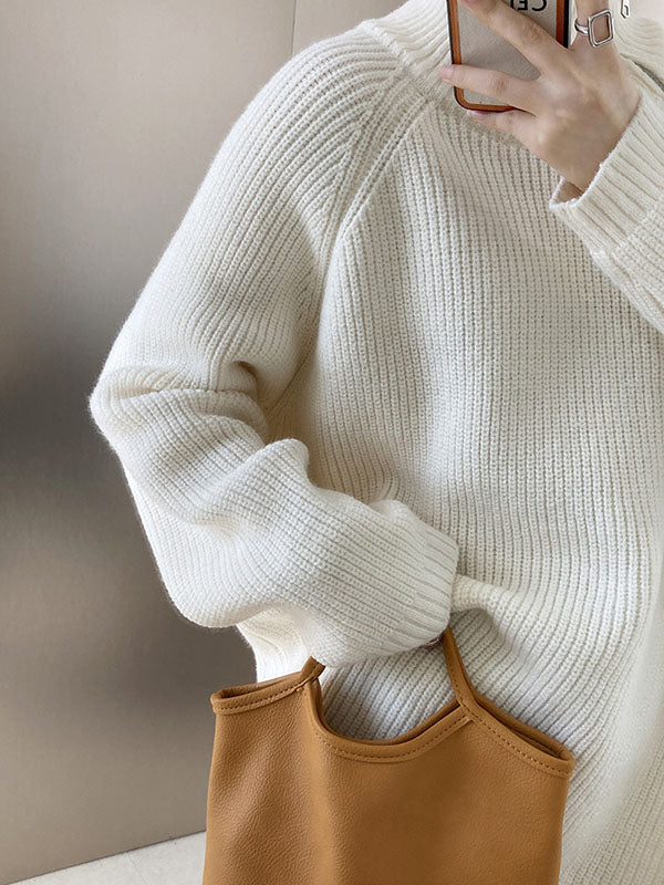 Urban Loose Long Sleeves Split-Side Solid Color Zipper Halter-Neck Sweater Tops