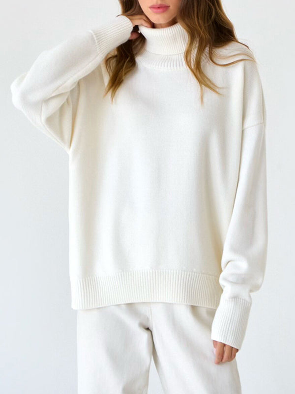 Solid Color Split-Joint High-Low Long Sleeves High Neck Sweater Tops
