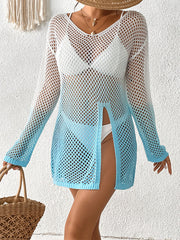 Gradient Hollow See-Through Split-front Long Sleeves Loose Round-neck Cover-Ups Tops