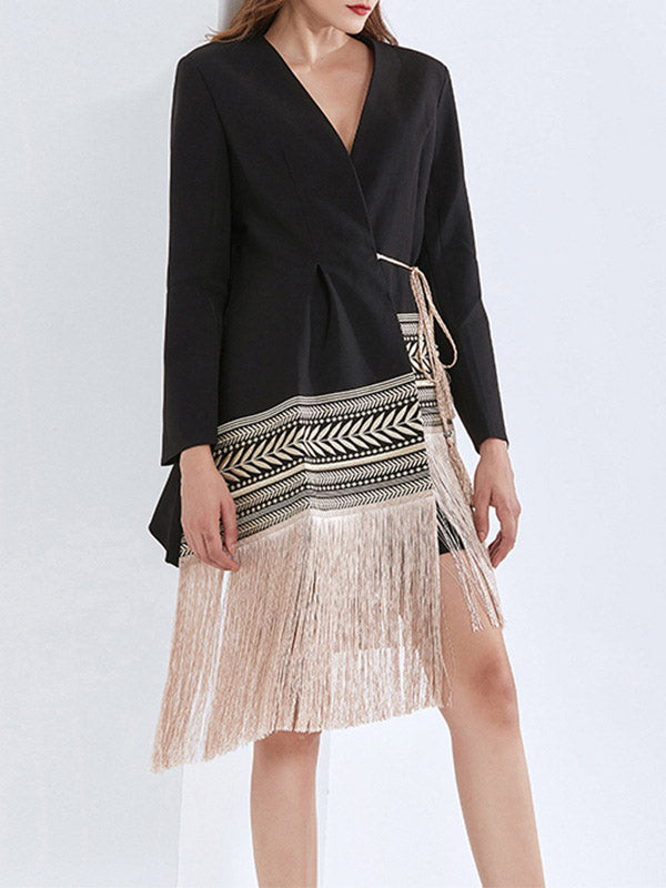 Asymmetric Embroidered Split-Joint Tasseled Tied Long Sleeves Loose V-Neck Outerwear Blazer