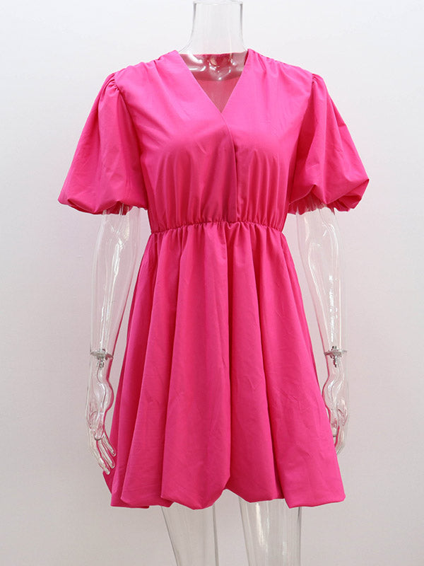 Solid Color Loose Puff Sleeves V-Neck Mini Dresses