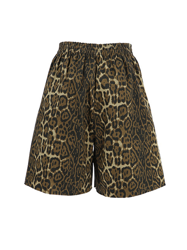 Elasticity Leopard Pockets Split-Joint Zipper High Waisted Loose Shorts Bottoms