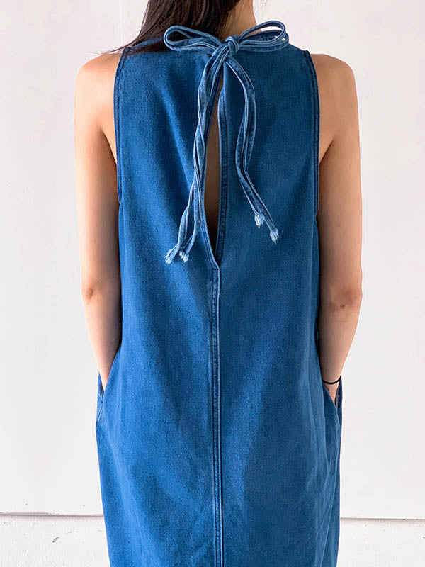 Pockets Solid Color Tied A-Line Loose Round-Neck Maxi Dresses