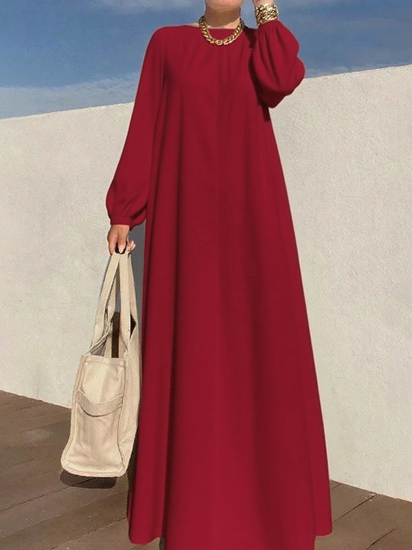 Pleated Solid Color Zipper Long Sleeves Loose Round-Neck Maxi Dresses