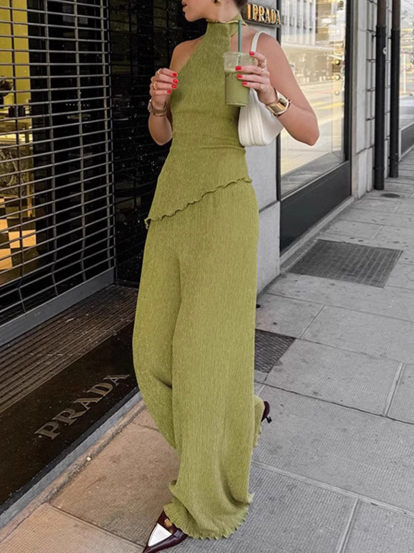 Solid Color Loose Pleated Halter-Neck Vest Top + High Waisted Pants Bottom Two Pieces Set