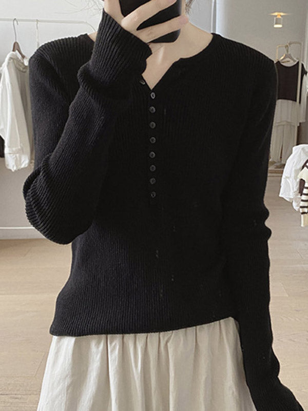 Buttoned Solid Color Long Sleeves Round-Neck Sweater Tops Pullovers