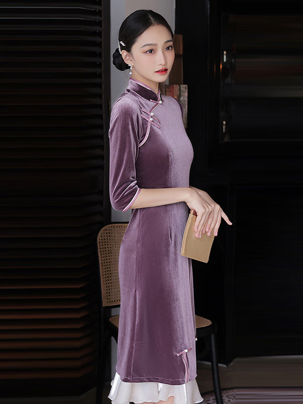 Vintage Beaded False Two Half Sleeves Long Cheongsams