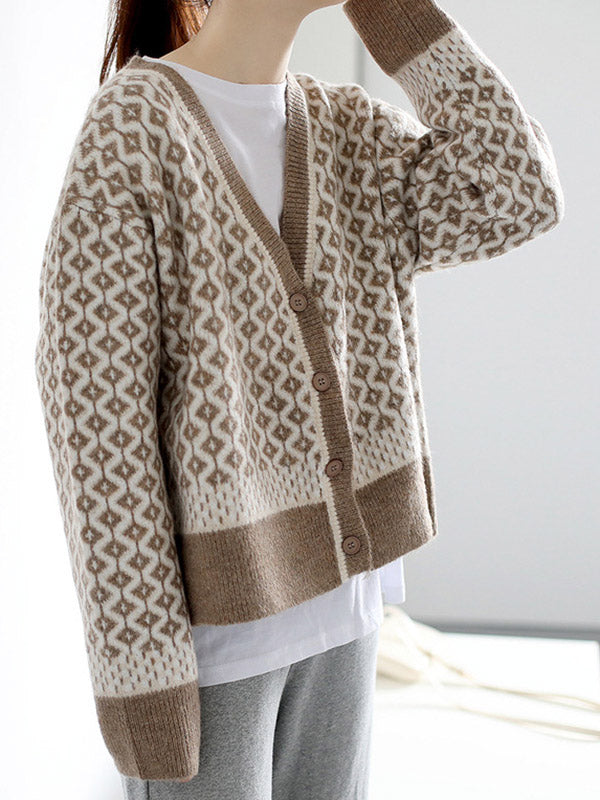 Vintage Loose Rhombic V-Neck Cardigan