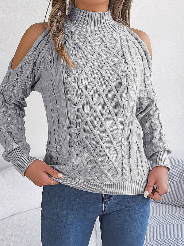 Hollow Solid Color Long Sleeves Loose Cold Shoulder Sweater Tops Pullovers